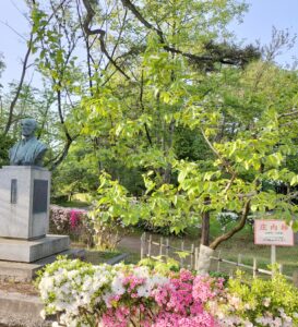 鶴岡公園　酒井調良の銅像と柿